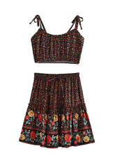 Boho Two Piece Set, Crop Top and Mini Skirt, Sierra Pansy in Red, Black and Green
