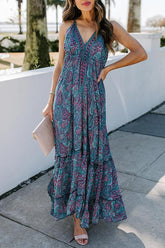 V-Neck Paisley Print Suspender Dress