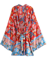 Boho Robe, Kimono Robe, Beach Cover up, Short Robe, Blue Bird in Red