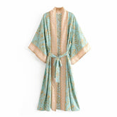 Boho Robe, Kimono Robe, Beach Cover up, Grass Green Flower