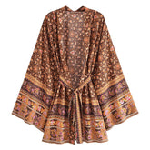 Boho Robe, Kimono Robe, Beach Cover up, Short Robe, Elliana Jasmine in Brown, Pink and Green