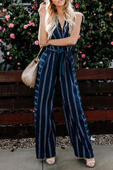 V-Neck Halterneck Striped Jumpsuit