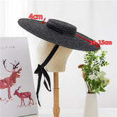 Boho Sun Beach Hat - Wide Brim Straw Hat (14cm) - Flat Top Black Red Pink