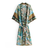 Boho Robe, Kimono Robe, Beach Cover up, Green Flamingo