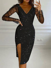 Women's Dresses Sequin V-Neck Mesh Long Sleeve Dress