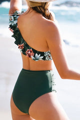 One Shoulder Ruffle Shirring Bikini Set