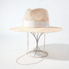 Double Chain Strap Fedora Hat for Women - Summer Sun Hats with Neck Pearls - Sunshade Beach Hat - Raffia Wedding Hat