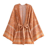 Boho Robe, Kimono Robe, Beach Cover up, Short Robe, Amaryllis in Pink and Orange