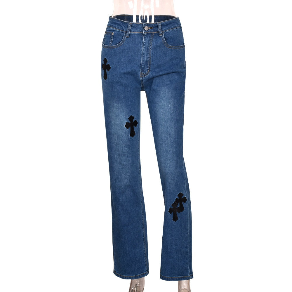 Vintage Cross Printed Baggy Jeans Low Waist Denim Trouser