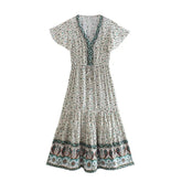 Boho Midi Dress, Sundress, Quincy in Green and Pink