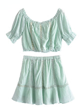 Boho Two Piece Set, Crop Top and Skirt, Doll's eyes in Green