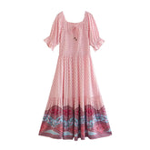 Boho Midi Dress, Sundress, Marakee in Red and Pink