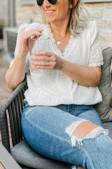 Lace V Neck Puff Short Sleeves Blouses