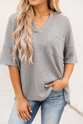 Waffle Pockets V Neck Loose Blouse