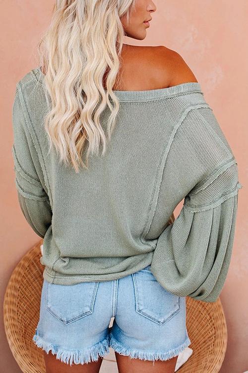 V Neck Puff Sleeve Knit Loose Blouse
