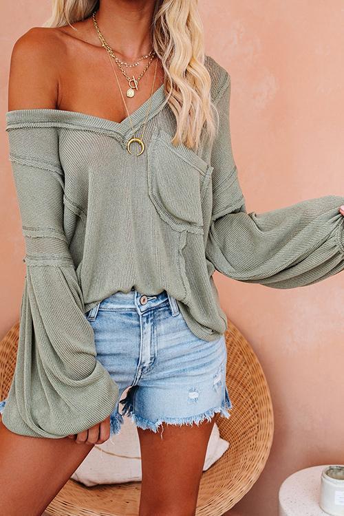 V Neck Puff Sleeve Knit Loose Blouse