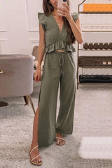 Ruffles Crop Slit Pants Set