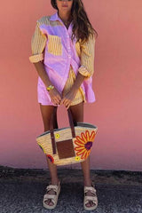 Patchwork Stripe Shirt Shorts Set