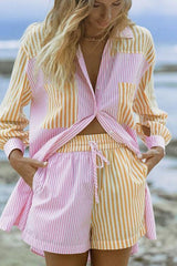 Patchwork Stripe Shirt Shorts Set