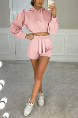 Puff Sleeve Crop Hoodie Shorts Set