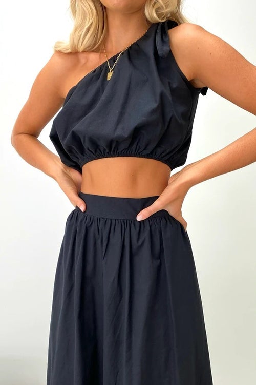 One Shoulder Crop Maxi Skirts Set