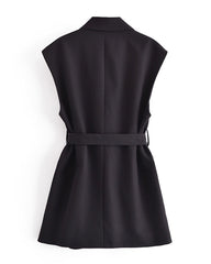Double Breasted Belted Lapel Collar Vest Blazer