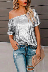 Moxidress Off Shoulder Short Sleeve Sequin T-shirt