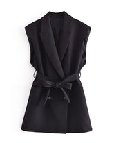 Double Breasted Belted Lapel Collar Vest Blazer