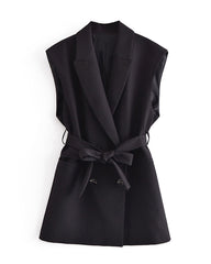 Double Breasted Belted Lapel Collar Vest Blazer