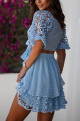 Xenia Crochet Flower Lace Tie-up Top and Elastic Waist Tiered Mini Skirt Set