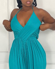 Overlap Ruched Backless Wide Leg Halter Jumpsuit