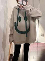Casual Chic Oversized Smile Face Print Drawstring Sweater
