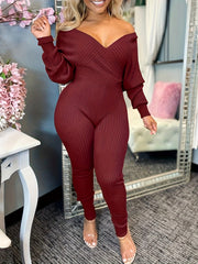 Casual Chic Ribbed Knit Surplice Neck Jumpsuit