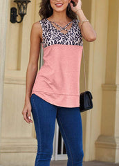 Cross Straps Sleeveless V Neck Leopard Printed Patchwork T-shirt