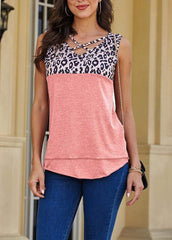 Cross Straps Sleeveless V Neck Leopard Printed Patchwork T-shirt