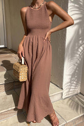 Sailor Linen Blend Smocked Back Lace-up Midi Dress