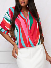 New Short-sleeved Loose Type V-neck Shirt Female Striped Plaid Print Collision Color Inserted Sleeve Set Head Loose Tops Comfortable Casual Commuter Wind