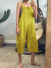 Women's Pocket Cotton Solid Loose Jumpsuit