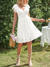 Women's Summer V-neck Ruffle Sleeve Dress Floral Lace Lace-up A-line Dress White Black Red Apricot Green Blue Pink S-2XL