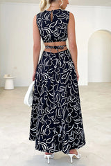 Gwen Abstract Print Cutout Elastic Waist Tie Maxi Dress