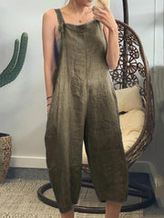 Women's Pocket Cotton Solid Loose Jumpsuit
