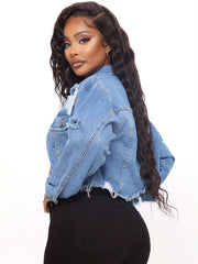 Distressed Stylishly Ripped Raw Hem Lapel Denim Jacket