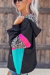 Playful Leopard Contrast Pocketed Windbreaker Top