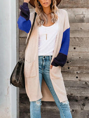 Pocket Matching Color Sleeve Long Cardigan