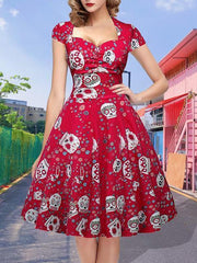 Halloween Vintage Skull Print Hepburn Dress