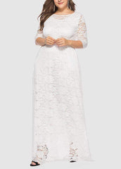 Lace Hollow Out Round Neck Solid Color Dress