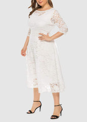 Lace Three Quarter Sleeve Round Neck Solid Color Dress