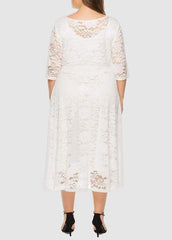 Lace Three Quarter Sleeve Round Neck Solid Color Dress
