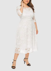 Lace Three Quarter Sleeve Round Neck Solid Color Dress
