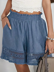 Casual Contrast Lace Trim Elastic Waist Slant Pocket Loose Shorts